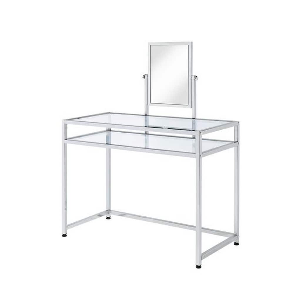 2 Piece Metal Vanity Set, Tempered Glass, Faux Fur Seat, 1 Shelf, Silver