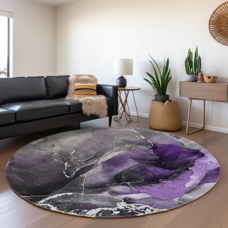 Premium Washable Super Soft Abstract Contemporary Mayfield Rug - Purple - 8' x 8' - Round