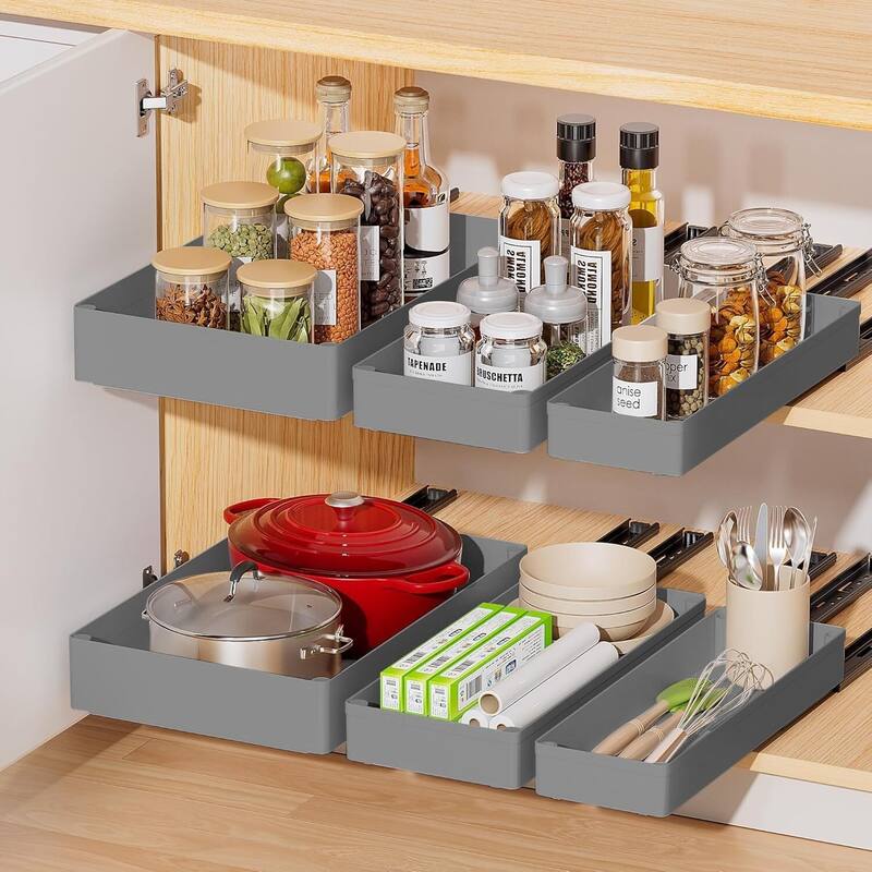 Expandable Pull Out Cabinet Organizer, Peel and Stick Roll Out Drawer for Pots and Pans, Medium