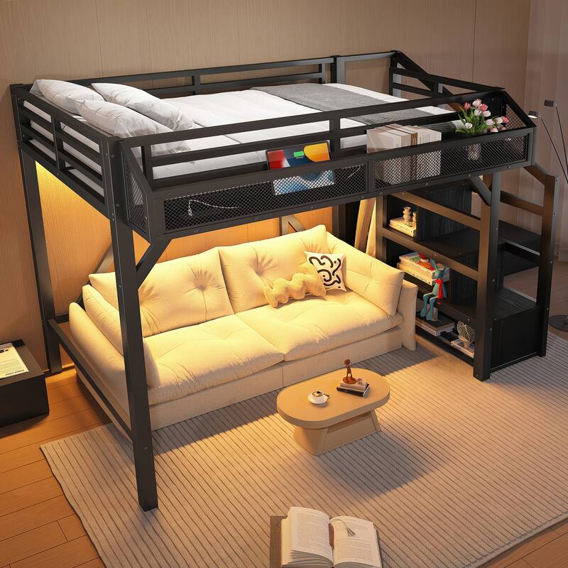 Roomfitters Metal Loft Bed with Wardrobe and Storage Stairs, LED Lights and USB