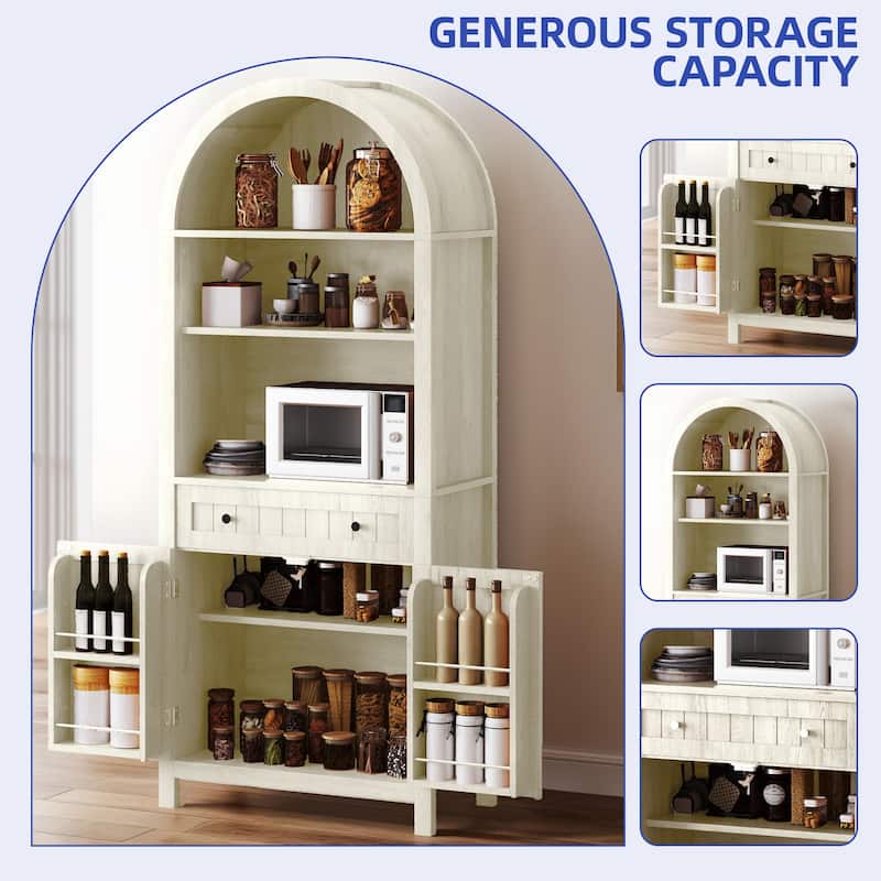 72.8" Tall Farmhouse Arched Kitchen Pantry Storage with Power Outlets and Spice Rack
