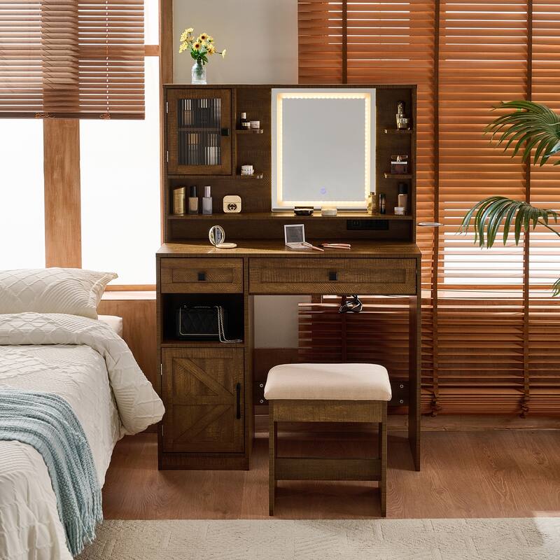 Vanity Desk with Touch Control Light Mirror, Dressing Table Set with Charging Station & Stool, Large Makeup Vanity Table