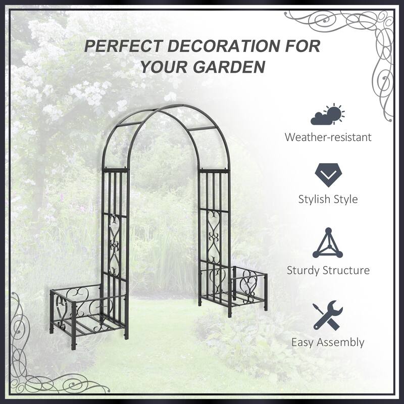 Steel Garden Arch with Planters Dark Gray Outdoor Decorative Archway for Climbing Plants Weddings Parties