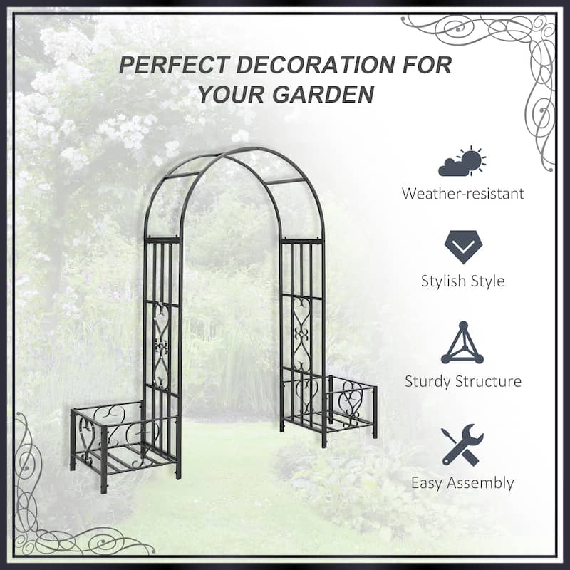 Outsunny Metal Garden Arbor with Planter Boxes Various Climbing Plant Wedding Arch Bridal Party Decoration for Outdoor Lawn