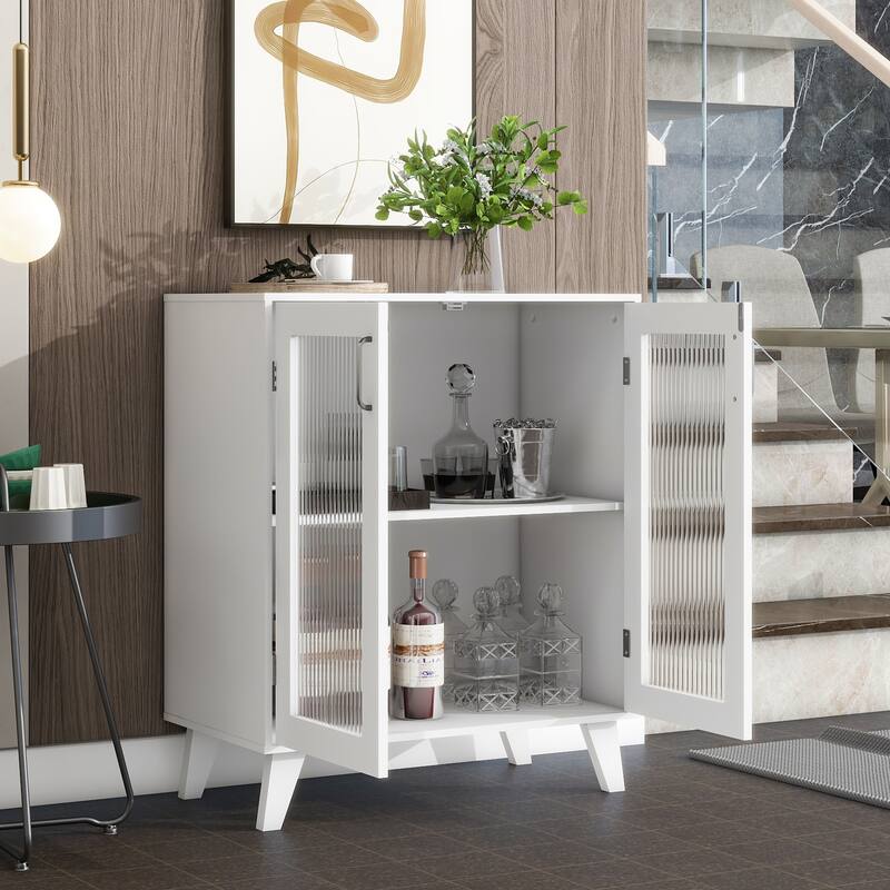 Anmytek Fluted Glass Double Door Cabinet White Modern Cabinet Storage Sideboard with Tapered Legs