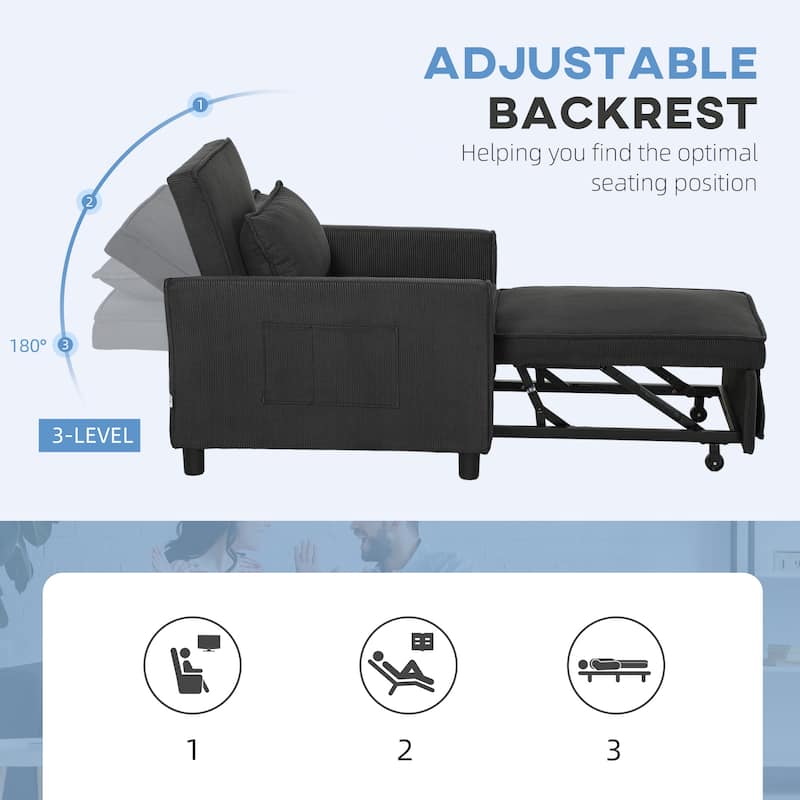 3-in-1 Lounge Chair Recliner Sofa Bed with Corduroy Upholstery and Storage Pockets for Adults - 29.1" W x 33.1" D x 31.9" H