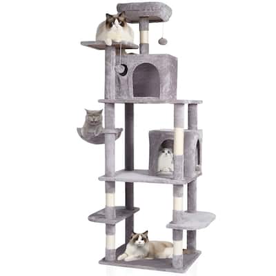 Light Grey Plush 8-Layer Cat Tree with Condos, Hammock and Toys