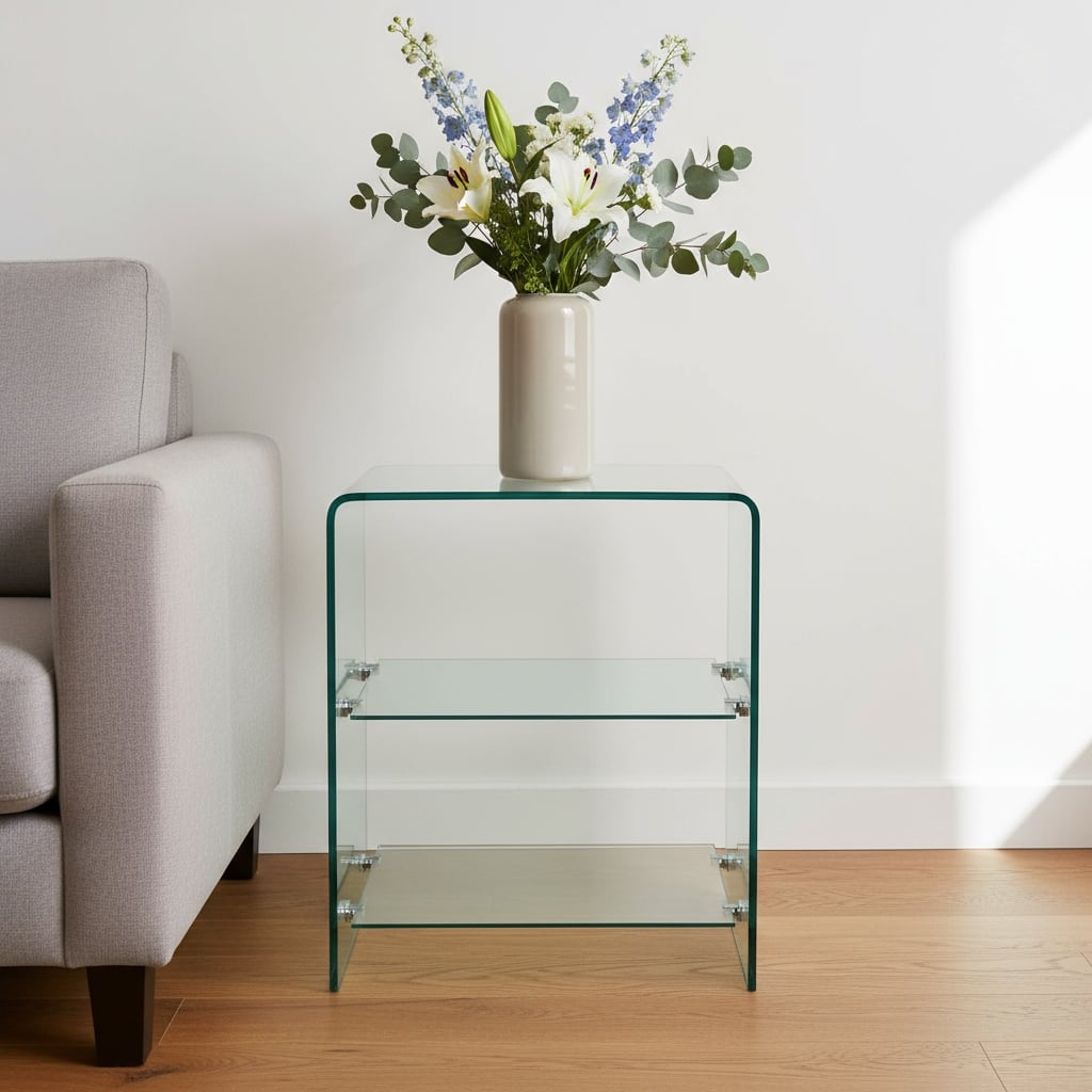 HomeRoots 18" Clear Glass Floor Shelf End Table With Two Shelves - 19.72 in. x 17.72 in. x 15.80 in.