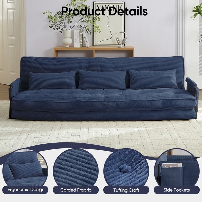 Mixoy Muti-Functional Folding Futon Sofa Bed Floor Sofa Bed，3-Seater Lazy Sofa with Pillows,6 Position Adjustable Backrest