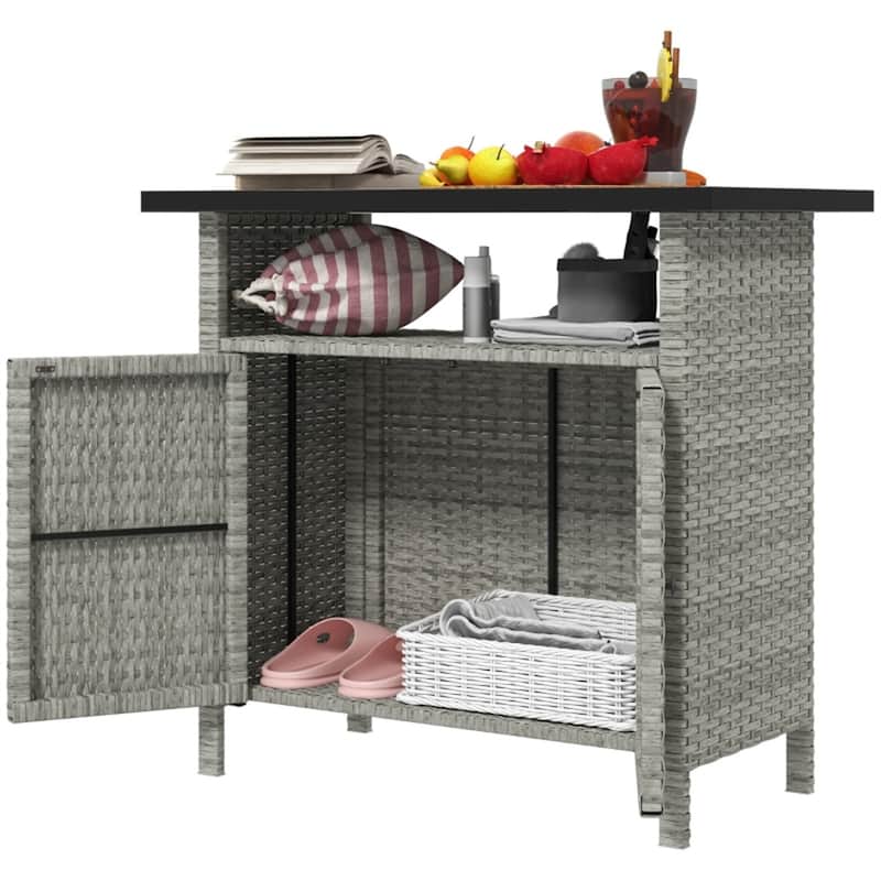 PE Rattan Outdoor Storage Cabinet with Tabletop and Open Shelf - 35.4" L x 20.9" W x 33.5" H - Grey