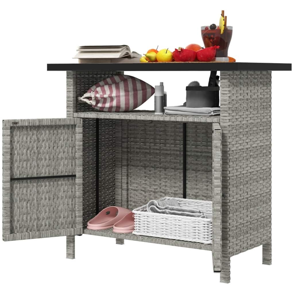 PE Rattan Outdoor Storage Cabinet with Tabletop and Open Shelf - 35.4" L x 20.9" W x 33.5" H