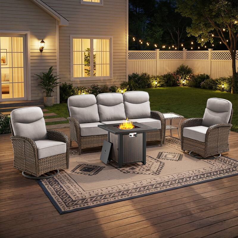 Pocassy Outdoor Sofa Swivel Chair and Ottman with 30in Fire Pit Table - Brown Wicker Beige Cushion - 5-Piece Sofa Swivel Chiar with Fire Table