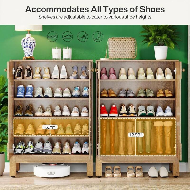 Natural 5-Tier Shoe Cabinet with Adjustable Shelves and Louver Doors for Entryway Storage - 28.74”L x 13.78”W x 39.76”H