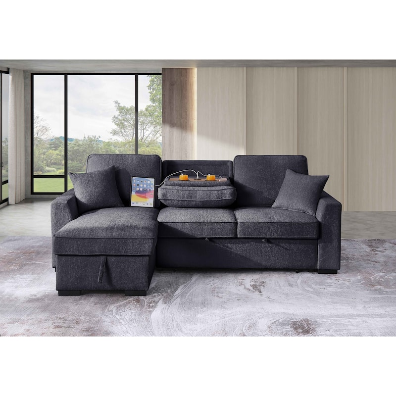 Chenille Reversible Sectional Sofa Convertible Pull Out Couch Bed