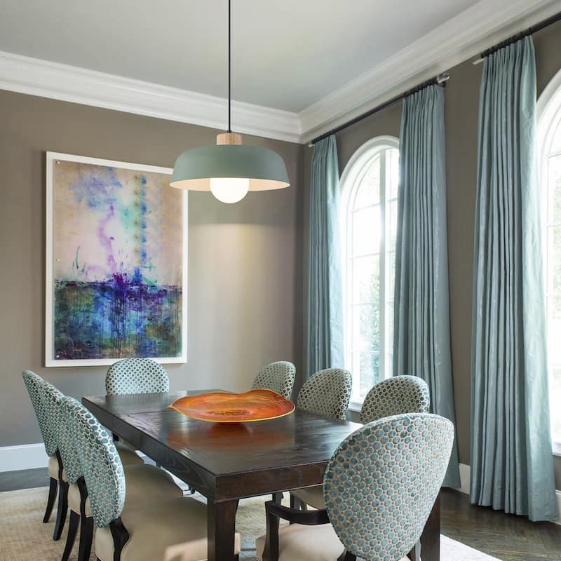 Modern 1-Light Green Dome Pendant Light with Decorative Wood Accent