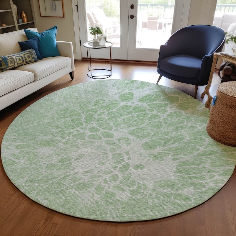Machine Washable Indoor/ Outdoor Chantille Modern Vintage Floral Rug - Mint - 8' x 8'