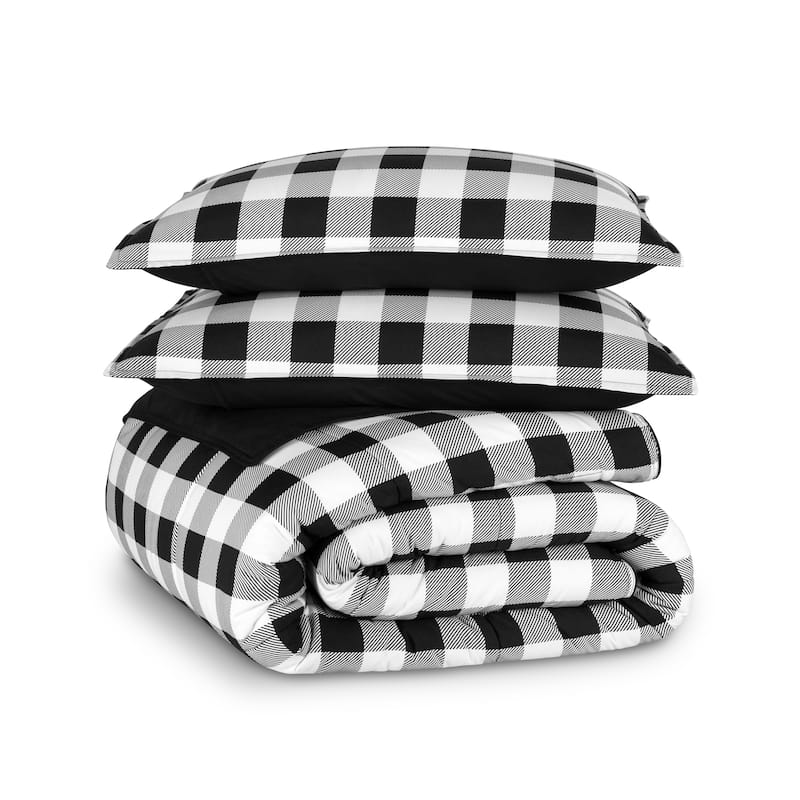 Bare Home Hypoallergenic Down Alternative Comforter Set - Queen - White/Black - Buffalo Plaid