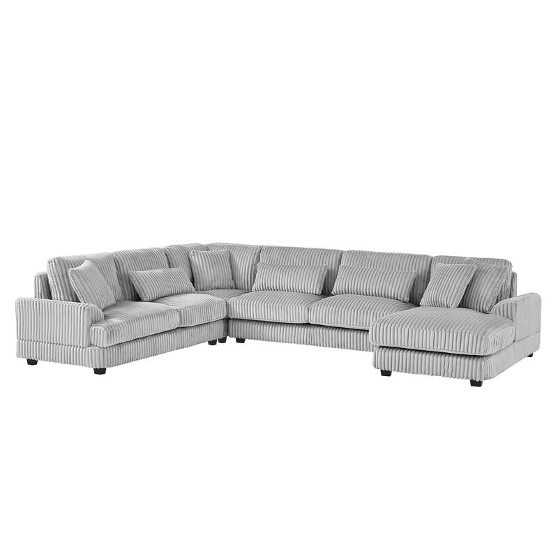 U-Shaped Sectional Sofa with Chaise Lounge, Oversized Corduroy Upholstered Sofa, 5 Seater Sofa with Removable Throw Pillows