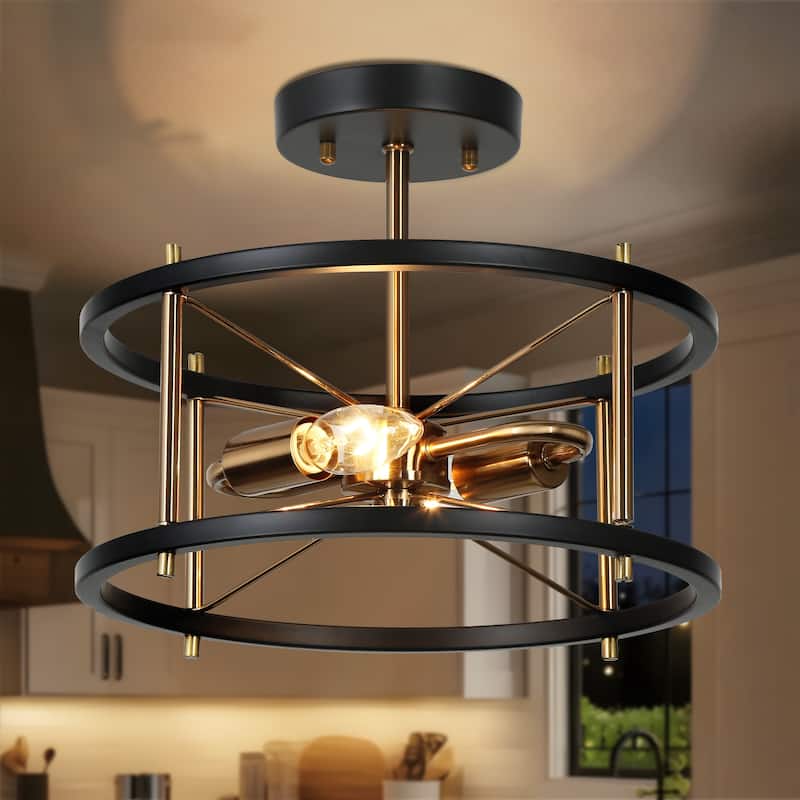 Modern 2-Light Black Gold Metal Drum Semi Flush Mount Ceiling Lights - 12" D x 10" H