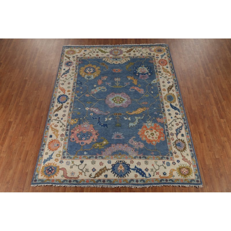 Blue Oushak Oriental Area Rug Hand-Knotted Wool Carpet - 7'9"x 10'2"
