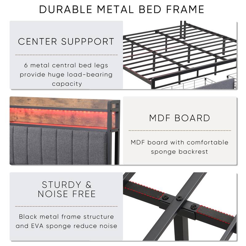King Size LED Upholstered Platform Bed with Charging Station & Drawers