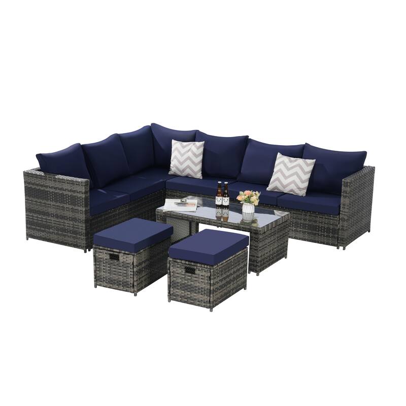6-Piece Outdoor Patio Rattan Conversation Sectional Sofa Set with Tempered Glass Coffee Table