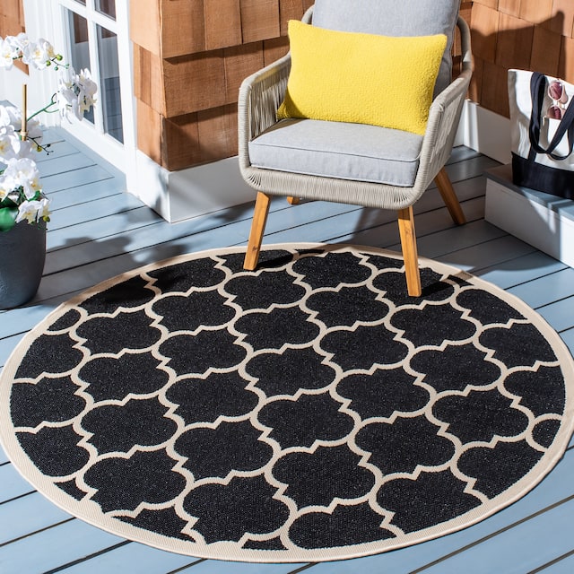 SAFAVIEH Courtyard Kathy Indoor/ Outdoor Waterproof Patio Backyard Rug - 7'1 x 7'1 Round - Black/Beige