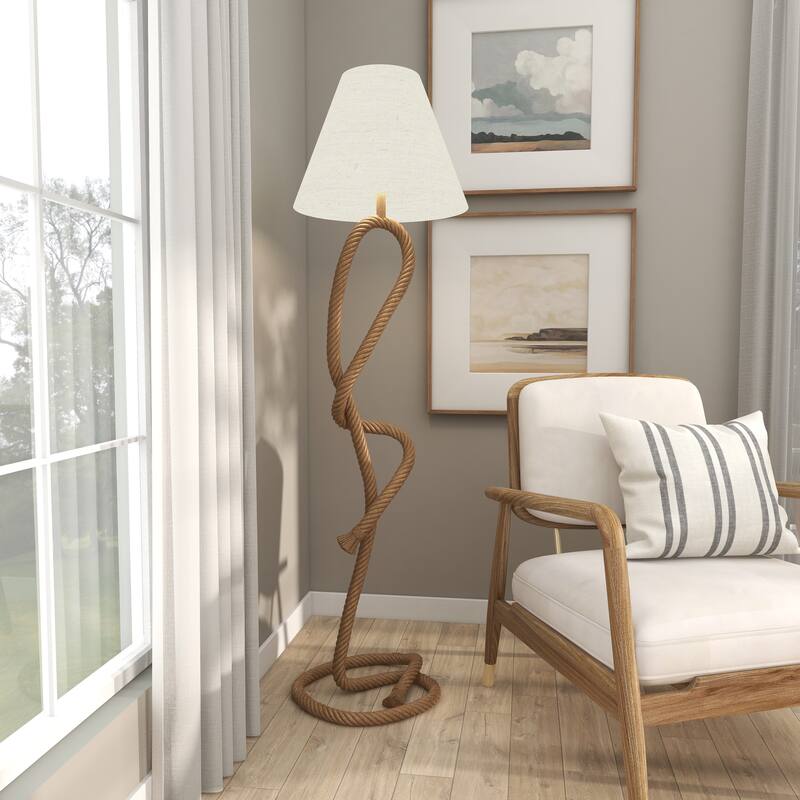 Brown Jute Rope Twisted Rope Room Floor or Table Lamp with Cream Linen Shade