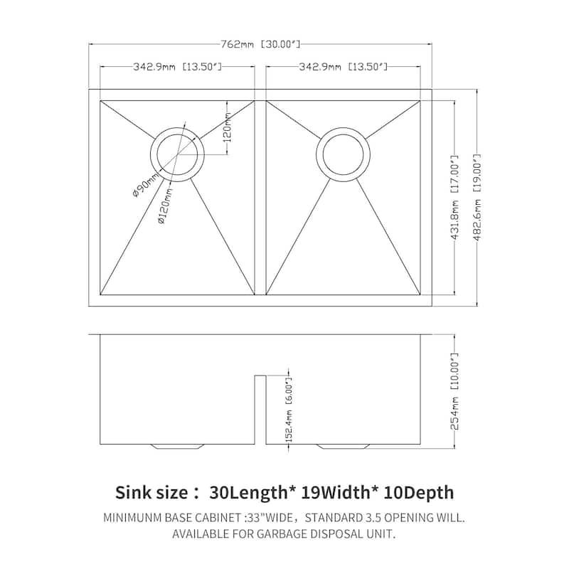 30" 28" Double Bowl(50/50) Undermount Kitchen Sink, Two 10" Deep Basin