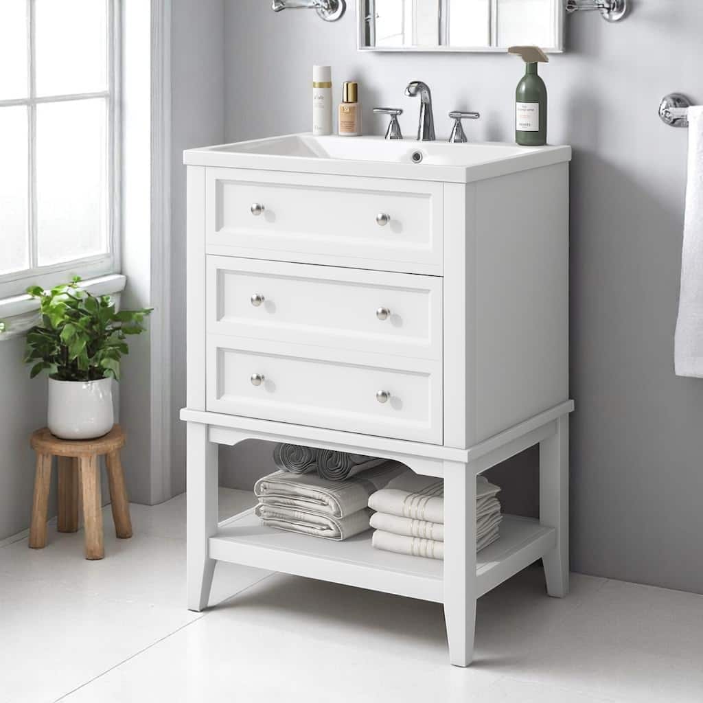 Modern 24 Inch Bathroom Vanity with Ceramic Sink, Open Shelf and Storage Drawer, Painted MDF & Wood
