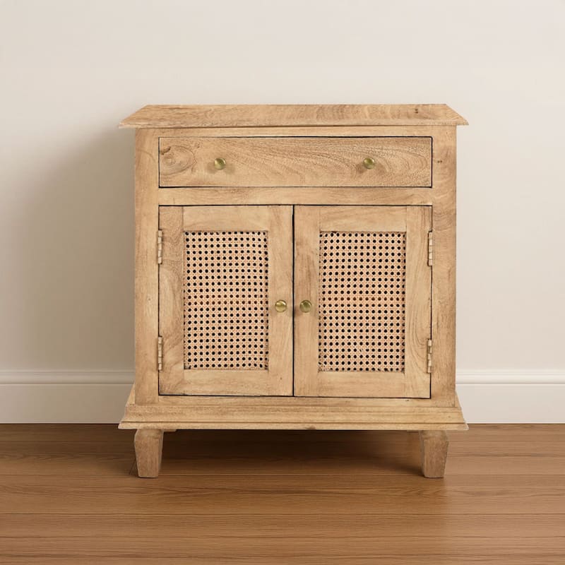 30 Inch Nightstand Table, Rattan Cabinet Doors and Drawer Fronts, Sandblasted Brown Mango Wood