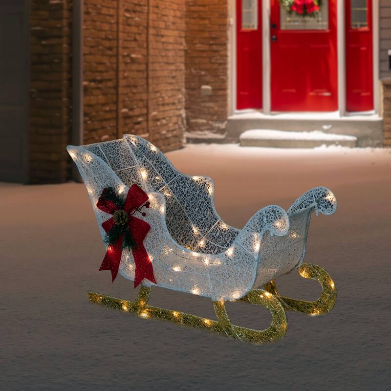 30.25" LED Lighted Glittery White Sleigh Outdoor Christmas Decoration - Gold