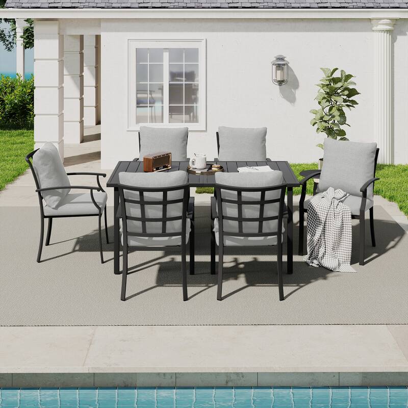 IvyGlow 7-Piece Black Metal Patio Dining Set with Rectangular Table and Gray Cushions
