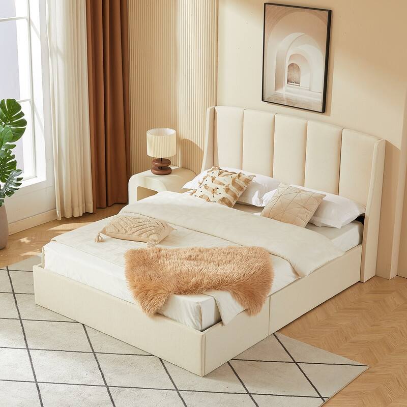 Linen Wingback Hydraulic Lift Up Storage Upholstered Platform Bed