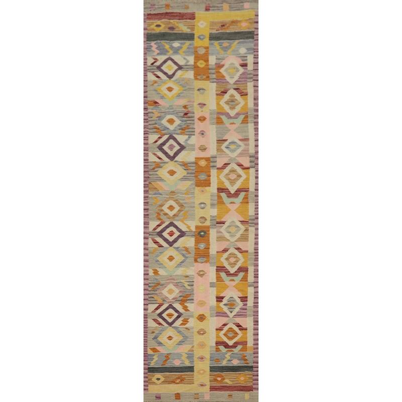 Hand Woven Oriental 100% Wool Carpet Southwestern Tribal Multi-Colored Kilim Runner Rug - 11' 10'' X 2' 7''