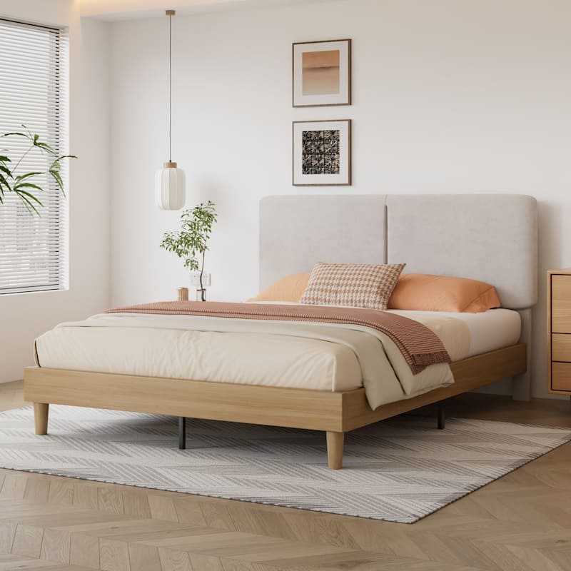 Javlergo Upholstered Bed Frame with Linen Fabric Adjustable Headboard Strong Wood Slats Supports No Box Spring Needed