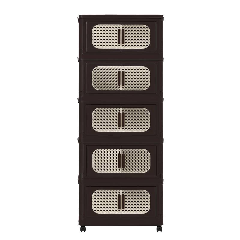 Anmytek Retro Brown 5 Tier Collapsible Plastic Storage Cabinet with Wheels Magnetic Door 20" Wide