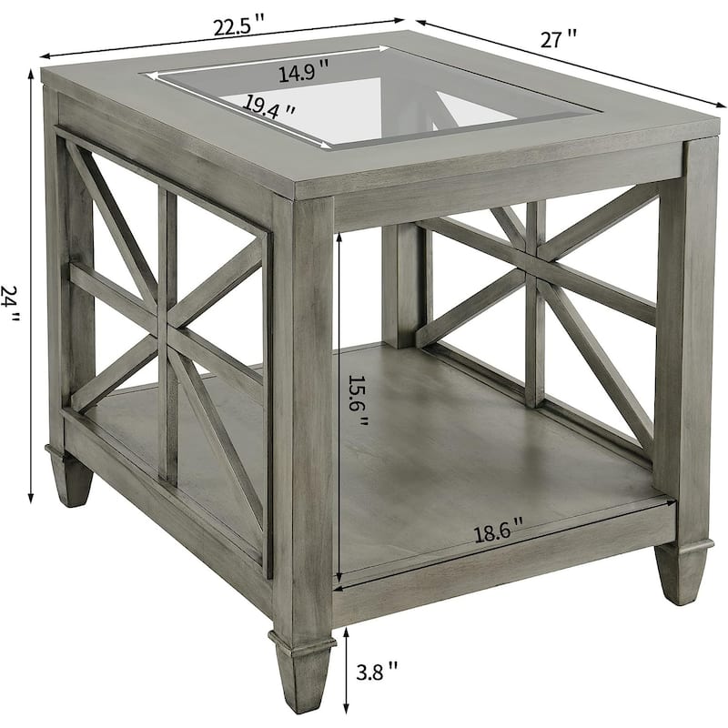 2-Tier 45.5" X 26" Solid Wood Coffee Table Tempered Glass Top