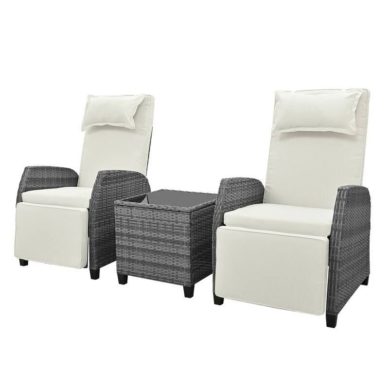 3 Pcs Patio Furniture Set, Patio Recliner Chairs Set of 2, Patio Conversation Set w/ Side Table, Outdoor Rattan Reclining Chairs