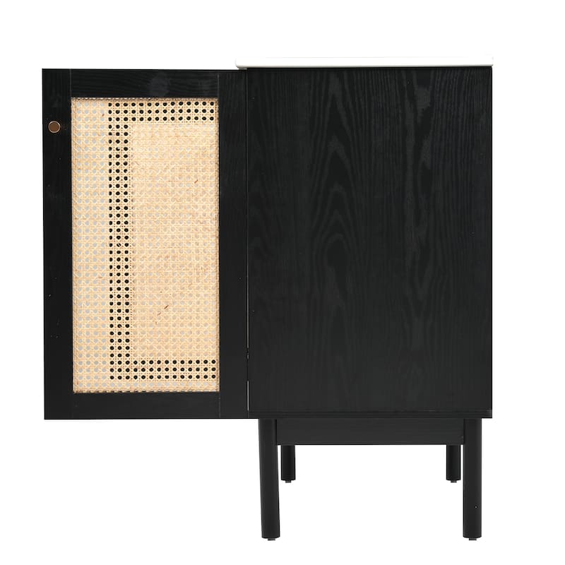 Boho Rattan Black Bathroom Vanity, Rectangular Ceramic Sink Bathroom Cabinet, 30" - 30 Inch