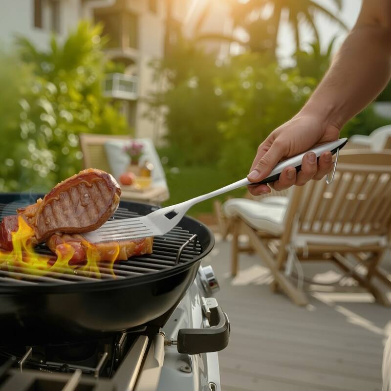 4-Piece Stainless Steel BBQ Grill Tool Set with Spatula Fork, Tongs and Brush for Outdoor - 18.7 x 4.33 x 2.95 in