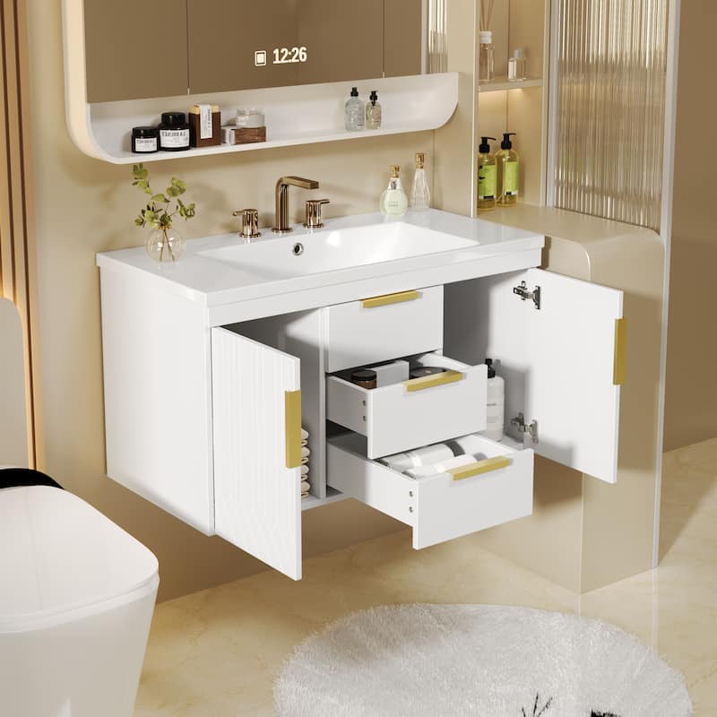 36''Floating Bathroom Vanity - Solid Wood Wall-Mounted Cabinet with Resin Sink & 2 Soft-Close Drawers.