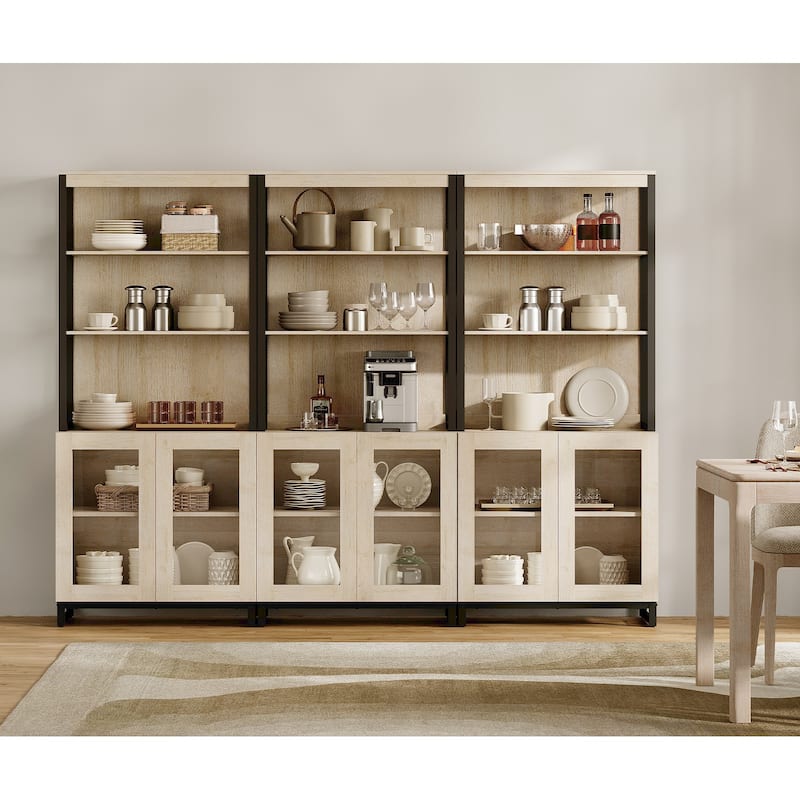 3 PCS Modern 72" Sideboard with Glass Doors and Adjustable Shelves, Multifunctional Buffet for Dining Room or Kitchen - 72inches - Beige