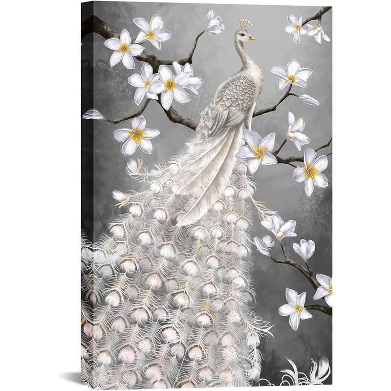 White Peacock Canvas Wall Art Elegant Bird and White Flower Painting - 24 x 36