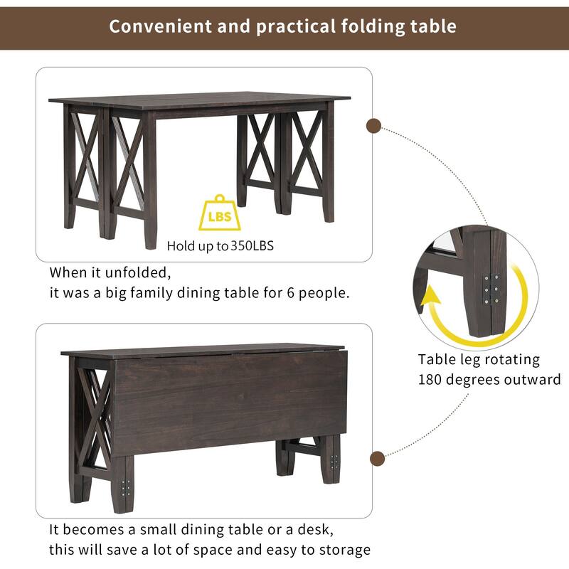6-Piece Wooden Dining Table Set with Foldable Table & 4 Chairs