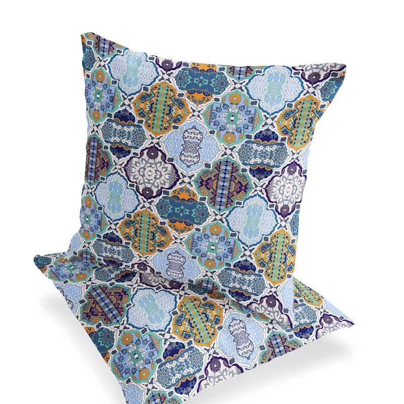 HomeRoots Set of Two 16" X 16" Blue and Orange Blown Seam Floral Indoor Outdoor Throw Pillow - 16.00' X '16.00' X '5.00