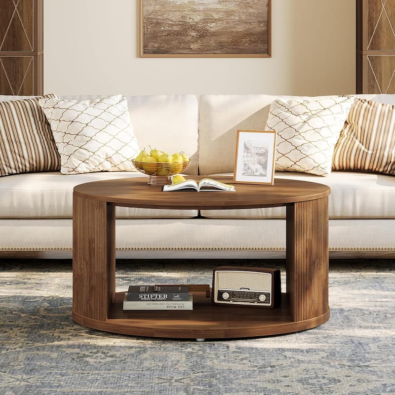 31.5" Walnut Round Coffee Table Center Table with Fluted Drum Base - 31.5"W x 31.5"D x 17.7"H