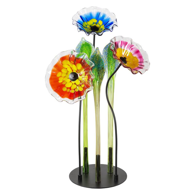 Fiore Bloom 34.5 IN Tall Multi-Color 3-Plate Flower Art Glass Sculpture with Metal Stand