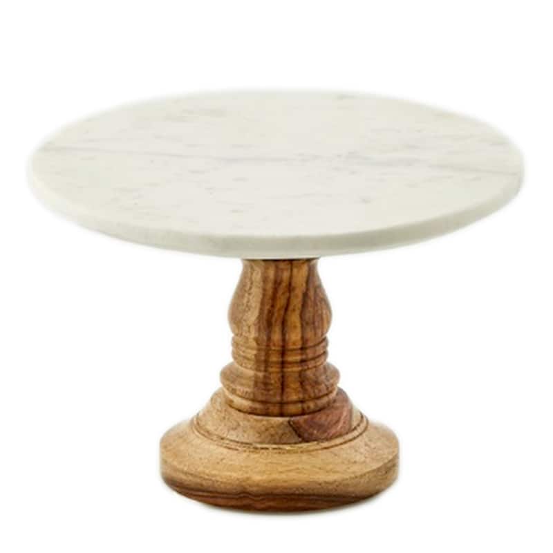 Med. White Marble Cake Plate W/Mango Wood Stand