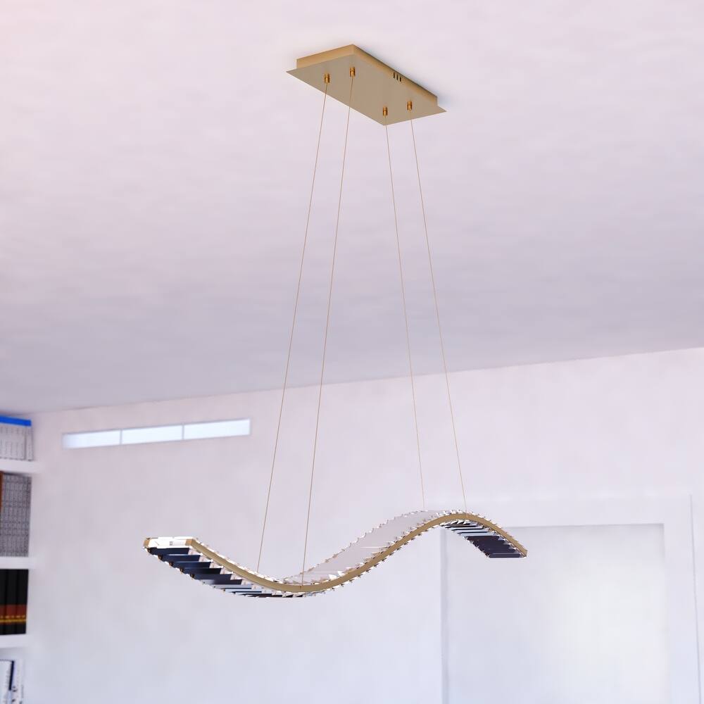 Edgewater 1L LED Gold Brass Contemporary Crystal Linear Chandelier Island Pendant Light Fixture - 37.5-in W x 5-in H x 4.25-in D